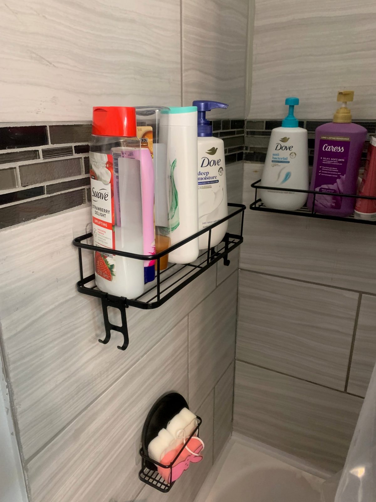Clean shower tile and organized shelves after a Sleec cleaning